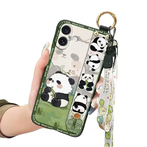 SINQERISHT Handykette Silikon Hülle für iPhone 12 Mini Handyhülle mit Armband Ständer und Kette Stoßfest Weich TPU Panda Cover Handytasche mit Kordel Umhängenband(Haare Panda) von SINQERISHT