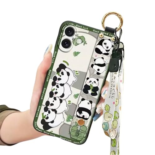 SINQERISHT Handykette Silikon Hülle für iPhone 16 Plus Handyhülle mit Armband Ständer und Kette Stoßfest Weich TPU Panda Cover Handytasche mit Kordel Umhängenband(Eine Reihe Pandas) von SINQERISHT