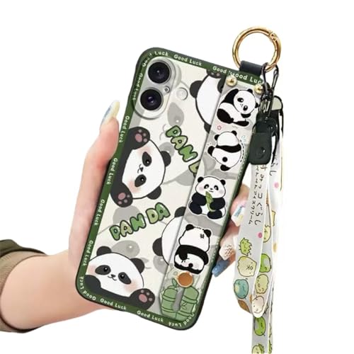 SINQERISHT Handykette Silikon Hülle für iPhone 16 Pro Max Handyhülle mit Armband Ständer und Kette Stoßfest Weich TPU Panda Cover Handytasche mit Kordel Umhängenband(Hallo Panda) von SINQERISHT