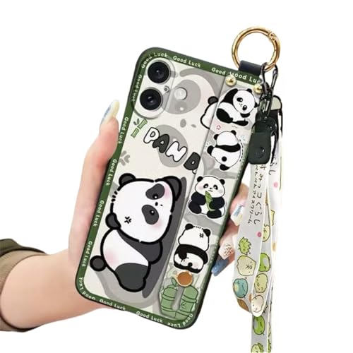 SINQERISHT Handykette Silikon Hülle für iPhone 16 Pro Max Handyhülle mit Armband Ständer und Kette Stoßfest Weich TPU Panda Cover Handytasche mit Kordel Umhängenband(Party Panda) von SINQERISHT