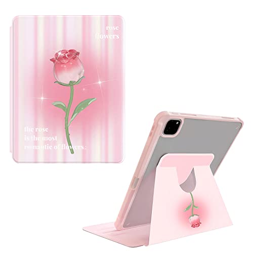 SINQERISHT Hülle für iPad Pro 11 Zoll 2022/2021/2020/2018 Leder Case mit Stifthalter 360° drehbarem Ständer Schutzhülle Transparent PC Cover mit Auto Schlaf/Wach Funktion(Pinke Rose) von SINQERISHT