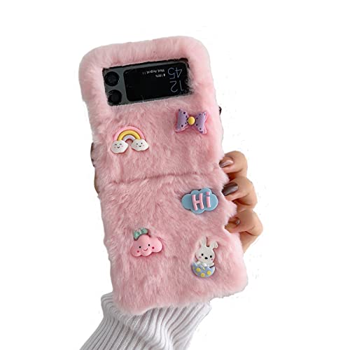 SINQERISHT Plüsch Hülle für Samsung Galaxy Z Flip 3 5G 2021 Schutzhülle für Mädchen Süße Winter Warm Bär Hase Fliege Flauschige Handyhülle Silikonhülle Stoßfest Case(Rosa) von SINQERISHT
