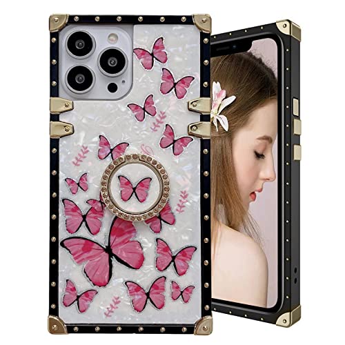 SINQERISHT Retro Quadratische Schutzhülle für Apple iPhone 13 Hülle Schmetterling Shell Muster Weiche TPU Metallbeschichtung Bumper Stoßfest Schutz mit Diamant Ring Ständer Cover(Rosa) von SINQERISHT