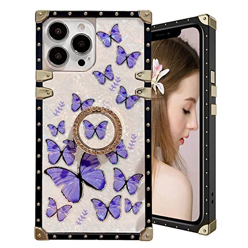 SINQERISHT Retro Quadratische Schutzhülle für Apple iPhone 13 Mini Hülle Schmetterling Shell Muster Weiche TPU Metallbeschichtung Bumper Stoßfest Schutz mit Diamant Ring Ständer Cover(Lila) von SINQERISHT