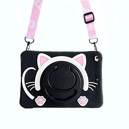SINQERISHT Tablet Hülle für iPad Mini 6 2021 6. Generation (8.3 Zoll) Niedliche Schutzhülle mit 360° Drehbar Griff Ständer & Schultergurt Stoßfest Silikon Katze Kinder Cover für Mädchen(Schwarz) von SINQERISHT