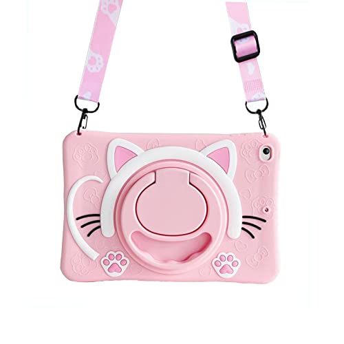 SINQERISHT Tablet Hülle für iPad Pro 11 Zoll 2022/2021 4./3. Generation Niedliche Schutzhülle mit 360° Drehbar Griff Ständer & Schultergurt Stoßfest Silikon Katze Kinder Cover für Mädchen(Rosa) von SINQERISHT