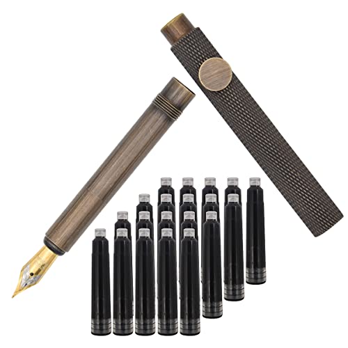 SIPLIV Füllfederhalter, Messingstreifen, 85 mm, kurzer Absatz, Mini-Reise-Stift mit 20 schwarzen Tintenpatronen von SIPLIV