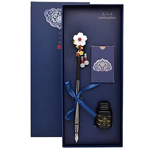 SIPLIV Füllfederhalter-Tinten-Set, chinesischer Haarstab, Retro-Stil, Füllfederhalter mit Tintenkonverter, schwarzer Flaschentinte und 5 Farbtintenpatronen, blaue Geschenkbox, rote Perlen von SIPLIV
