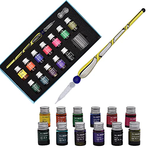 SIPLIV Glas Dip Pen Tinte Set Kristall Spirale Muster Dip Pen Tinte Set mit 12 bunten Tinten, Kalligraphie-Stifte Kits für Kunst, Schreiben, Unterschriften, Desktop-Dekoration – Gelb von SIPLIV