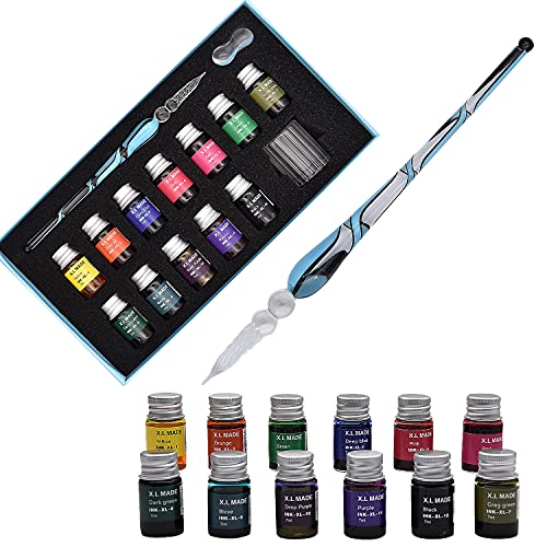 SIPLIV Glas Dip Pen Tinte Set Kristall Spirale Muster Dip Pen Tinte Set mit 12 bunten Tinten, Kalligraphie-Stifte Kits für Kunst, Schreiben, Unterschriften, Desktop-Dekoration – Hellblau von SIPLIV