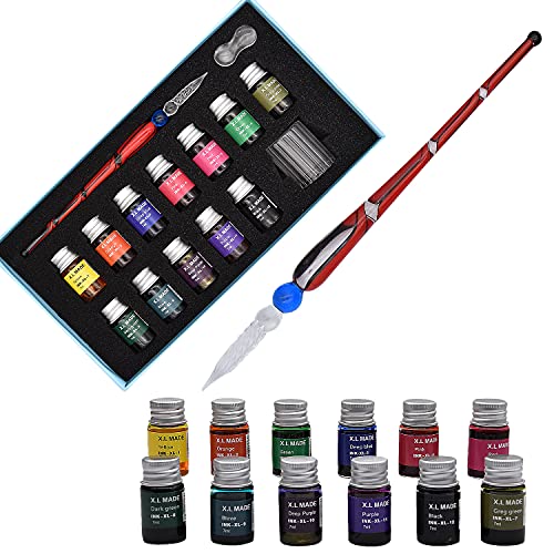 SIPLIV Glas Dip Pen Tinte Set Kristall Spirale Muster Dip Pen Tinte Set mit 12 bunten Tinten, Kalligraphie-Stifte Kits für Kunst, Schreiben, Unterschriften, Desktop-Dekoration – Rot von SIPLIV