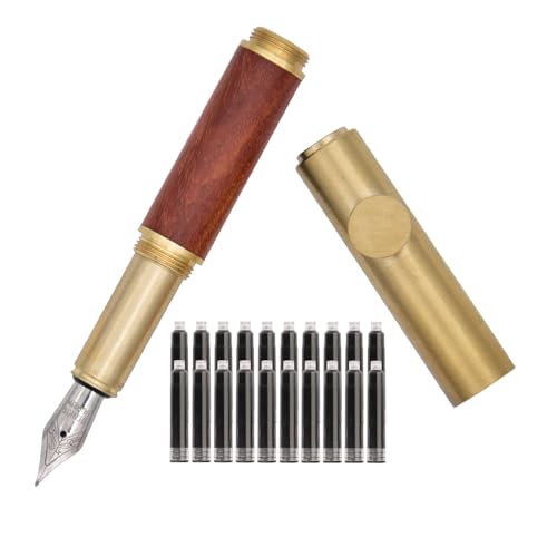 SIPLIV Handgefertigter Messing-Füllfederhalter, kurz, Mini-Taschenstift (85 mm) mit 20 schwarzen Tintenpatronen, braunes Holz, extra feine Feder (0,38 mm) von SIPLIV