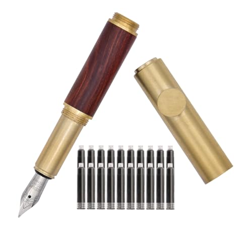 SIPLIV Handgefertigter Messing-Füllfederhalter, kurz, Mini-Taschenstift (85 mm) mit 20 schwarzen Tintenpatronen, rotes Holz, feine Feder (0,50 mm) von SIPLIV