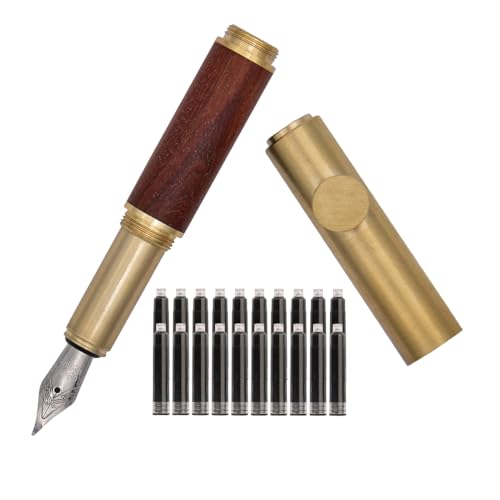 SIPLIV Handgefertigter Messing-Füllfederhalter, kurz, Mini-Taschenstift (85 mm) mit 20 schwarzen Tintenpatronen, rotes Holz, gebogene Feder (1,0 mm) von SIPLIV