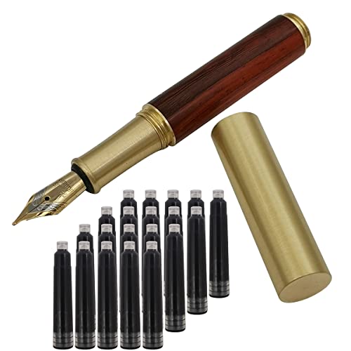 SIPLIV Handgefertigter Messing-Holz-Füllfederhalter, kurzer Absatz (85 mm), Taschen-Mini-Reise-Stift mit 20 schwarzen Tintenpatronen, braun-rote Textur von SIPLIV