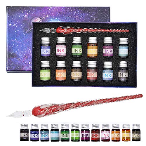 SIPLIV Handgefertigtes Glas-Tinten-Set, kristallfunkelnde Signatur-Zeichnen, Kalligraphie, Schreibstift, Geschenk-Set mit Glasstift und 12 Farben Tinte, Rot von SIPLIV