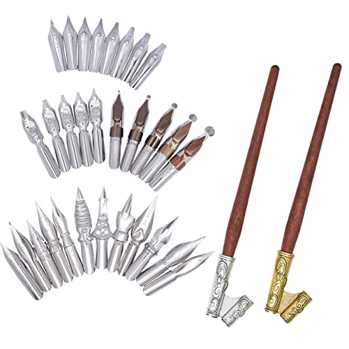 SIPLIV Kalligraphie schräg Dip Stifthalter Set, 2 Holz Dual Use Stift Griff mit 30 Edelstahl Stift Feder Manga Stift Kit für englische Kalligraphie Zeichnung Comic, Silber + Gold von SIPLIV