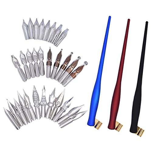 SIPLIV Kalligraphie schräg Dip Stifthalter Set, 3 Kunststoff Dual Use Stift Griff mit 30 Edelstahl Stift Feder Manga Stift Kit für englische Kalligraphie Zeichnung Comic, Rot + Blau + Schwarz von SIPLIV
