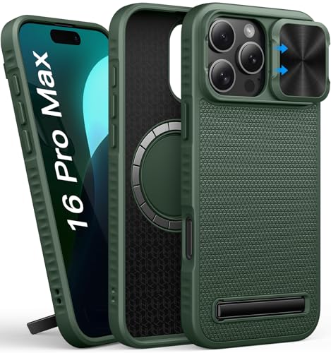 SIXBOX Magnetic Hülle für iPhone 16 Pro Max, Kompatibel mit MagSafe, Eingebauter Ständer, Kameraschutz Schieber, Dünn Fit, Militärischer Schutz, Männer Silikon Schutzhülle für iPhone 16 Promax, Grün SIXBOX Magnetic Hülle für iPhone 16 Pro Max, Kompatibel mit MagSafe, Eingebauter Ständer, Kameraschutz Schieber, Dünn Fit, Militärischer Schutz, Männer Silikon Schutzhülle für iPhone 16 Promax, Grün von SIXBOX