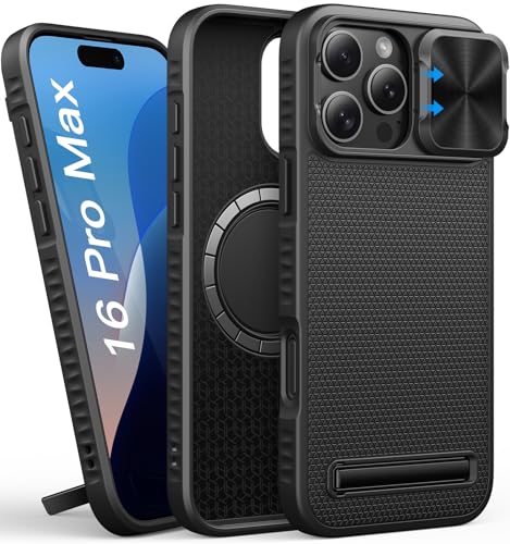 SIXBOX für iPhone 16 Pro Max Hülle mit Ständer, Kompatibel mit MagSafe, Kameraschutz Schieber, Militärischer Schutz, Silikon Dünn Hard Magnetic Männer Phone Case für iPhone 16 Pro Max 2024, Schwarz SIXBOX für iPhone 16 Pro Max Hülle mit Ständer, Kompatibel mit MagSafe, Kameraschutz Schieber, Militärischer Schutz, Silikon Dünn Hard Magnetic Männer Phone Case für iPhone 16 Pro Max 2024, Schwarz von SIXBOX