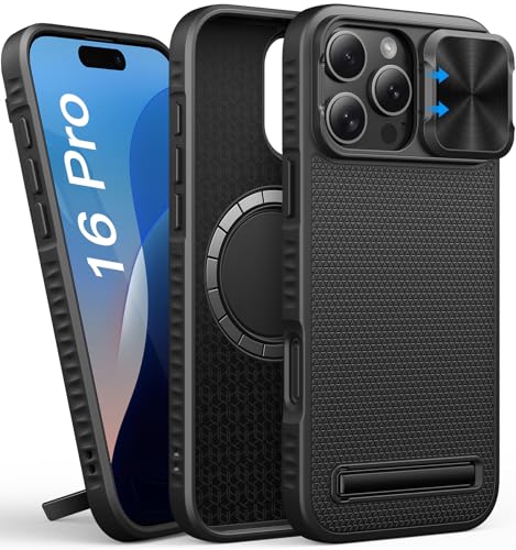 SIXBOX für iPhone 16 Pro Hülle, Dünne Fit Kompatibel mit MagSafe, Eingebauter Ständer, Kameraschutz Schieber, Militärischer Schutz, Dünne Männer Magnetisch Silikon Case für iPhone 16 Pro 2024, Schwarz SIXBOX für iPhone 16 Pro Hülle, Dünne Fit Kompatibel mit MagSafe, Eingebauter Ständer, Kameraschutz Schieber, Militärischer Schutz, Dünne Männer Magnetisch Silikon Case für iPhone 16 Pro 2024, Schwarz von SIXBOX
