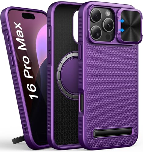 SIXBOX für iPhone 16 Pro Max Handyhülle mit Kameraschutz Schieber, Eingebauter Ständer, kompatibel mit MagSafe, Militärischer Schutz, Dünn Robuste Frauen Cover für iPhone 16 Pro Max, Dunkel Violett SIXBOX für iPhone 16 Pro Max Handyhülle mit Kameraschutz Schieber, Eingebauter Ständer, kompatibel mit MagSafe, Militärischer Schutz, Dünn Robuste Frauen Cover für iPhone 16 Pro Max, Dunkel Violett von SIXBOX