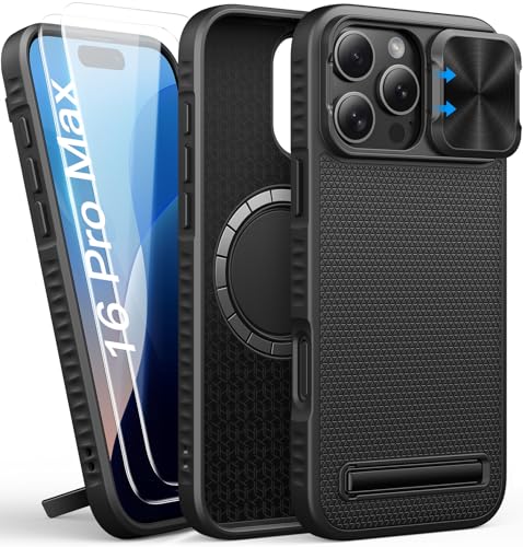 SIXBOX für iPhone 16 Pro Max Hülle mit Schutzfolie & Ständer, Kameraschutz Schieber, Dünn Slim, Kompatibel mit MagSafe, Militärischer Schutz, Frauen Männer Magnetic Case für iPhone 16 Pro Max, Schwarz SIXBOX für iPhone 16 Pro Max Hülle mit Schutzfolie & Ständer, Kameraschutz Schieber, Dünn Slim, Kompatibel mit MagSafe, Militärischer Schutz, Frauen Männer Magnetic Case für iPhone 16 Pro Max, Schwarz von SIXBOX