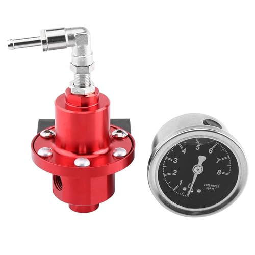 Kraftstoffdruckregler, Universal-Aluminiummaterial, Verstellbarer FPR-Kraftstoffeinspritzdruckregler mit Manometer für Auto, Kraftstoffdruckregler (Rot) von SIXRUN