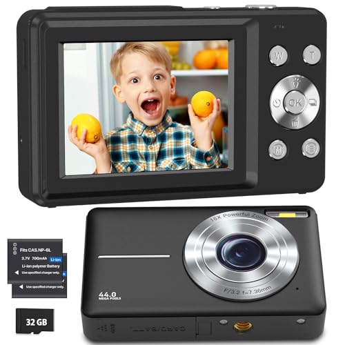 Digitalkamera Fotokamera FHD 1080P 44MP Fotoapparat mit 32GB Karte,Kamera Digital mit 2.4" LCD Wiederaufladbare 16X Digitalzoom, Tragbare Digitalkamera für Teenager, Kinder, Anfänger von SIXTARY