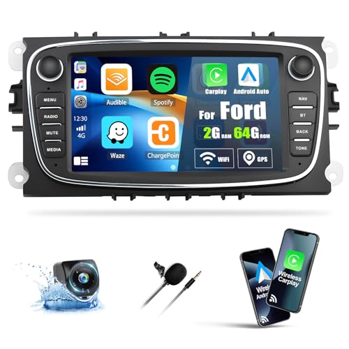 【2+64G】 Android 13 Autoradio für Ford Focus II Mondeo 9 S-Max C-Max Kuga 2008-2011 mit Carplay Android Auto, 7 Zoll Touchscreen Radio mit Bluetooth WiFi/GPS FM/RDS/HiFi +AHD Rückfahrkamera & MIC von SIXTOP
