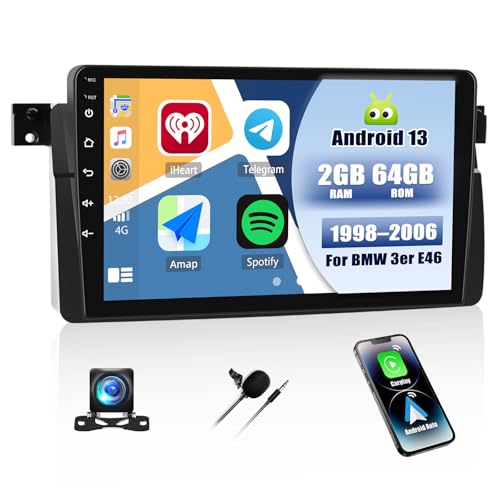 [2G+64G] Android 13 Autoradio für BMW 3er E46 1998-2006 mit Carplay Android Auto, 9 Zoll Touchscreen Radio mit GPS WiFi FM/RDS Bluetooth Mirror Link EQ+AHD Rückfahrkamera & Mic von SIXTOP