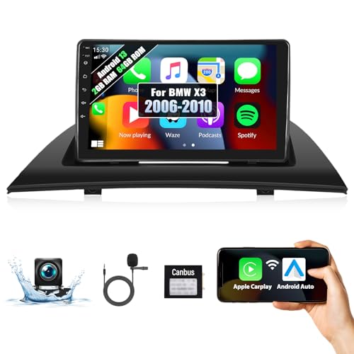 2G+64G Android 13 Autoradio für BMW X3 E83 (2004-2012) mit Carplay kabellos Android Auto 9 Zoll Touchscreen Auto Radio mit GPS-Navi HiFi FM/RDS WiFi Bluetooth und USB + Rückfahrkamera und Mikrofon von SIXTOP