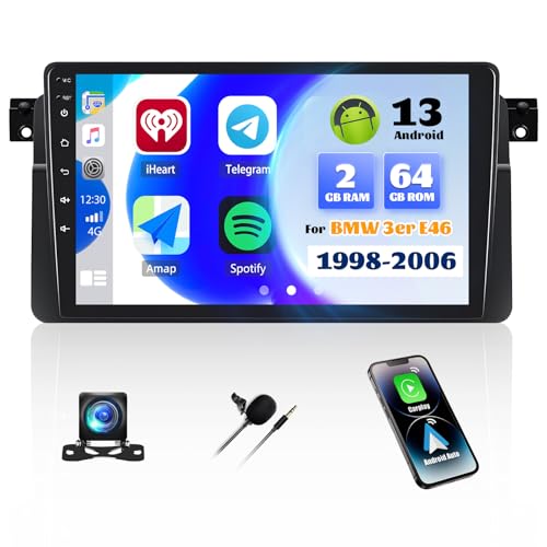 [2G+64G] Android 13 Autoradio mit Bluetooth für BMW 3er E46 1998-2006 mit Carplay Android Auto,9"-Touchscreen-Radio mit GPS WiFi FM/RDS EQ Mirror Link+Rückfahrkamera&Mic von SIXTOP