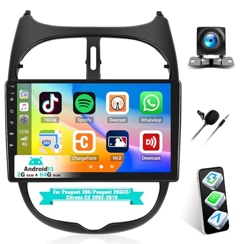 [2G+64G] Android 13 Autoradio mit Bluetooth für Peugeot 206/Peugeot 206CC/Citroen C2 2002-2010 mit Carplay Android Auto,9“ Touchscreen-Radio mit GPS WiFi FM/RDS EQ Mirror Link+Rückfahrkamera&Mic von SIXTOP