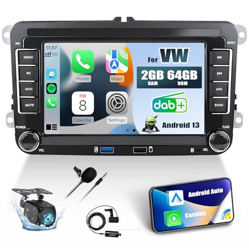 [2G+64G] DAB+ Autoradio Android 13 für VW Golf 5 6 Polo T5 Tiguan Passat Caddy Seat Skoda, 7“ Touchscreen Autoradio mit Carplay Android Auto GPS HiFi FM/RDS Bluetooth+AHD Rückfahrkamera & Mic von SIXTOP