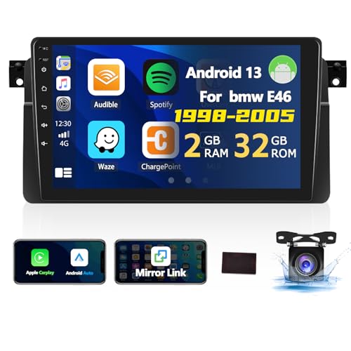 [2G + 32G] Autoradio Android 13 für BMW 3er E46 1998 – 2006 mit Carplay Android Auto, Radio Touchscreen 9 Zoll mit GPS WiFi FM/RDS EQ Bluetooth Mirror Link Canbus + AHD Rückfahrkamera & Mic von SIXTOP