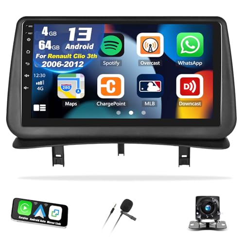 [4G+64G] Android 13 Autoradio für Renault Clio 3th 2005-2014 mit Carplay Android Auto,9“ 1280 * 720P Touchscreen Radio mit Bluetooth 32EQ GPS WiFi FM/RDS MirrorLink Split Screen+Rückfahrkamera &Mic von SIXTOP
