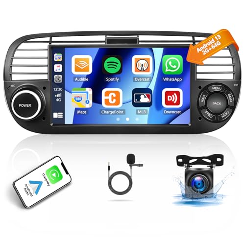 Android Autoradio für FIAT 500 2007-2015 mit CarPlay Wireless Android Auto, 7 Zoll Touchscreen Autoradio mit Mirrorlink GPS-Navi/WiFi, Bluetooth, SWC,FM/RDS, EQ Radio +Rückfahrkamera & MIC von SIXTOP