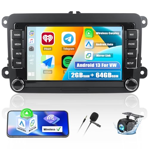 Autoradio Android 13 für VW Golf 5 6 Polo T5 Tiguan Passat Caddy Seat Skoda mit Android Auto&Carplay, 7“ Touchscreen Radio mit Mirrorlink Bluetooth GPS WiFi FM/RDS SWC Rückfahrkamera und Mikrofon von SIXTOP