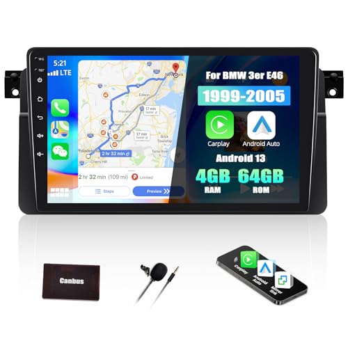 SIXTOP [4G+64G] Android 13 Autoradio für BMW E46 1998-2006 mit Carplay Android Auto,9“ IPS 1280 * 720P Touchscreen Radio mit Bluetooth 32EQ GPS WiFi FM/RDS MirrorLink Split Screen Mic von SIXTOP