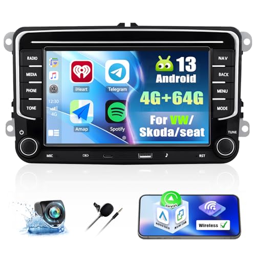 SIXTOP [4G+64G] Android 13 Carplay Autoradio für VW Golf 5 6 Polo T5 Tiguan Passat Caddy Seat Skoda, 7 Zoll Touchscreen Autoradio mit Carplay Android Auto GPS HiFi FM/RDS Bluetooth+AHD Rückfahrkamera von SIXTOP