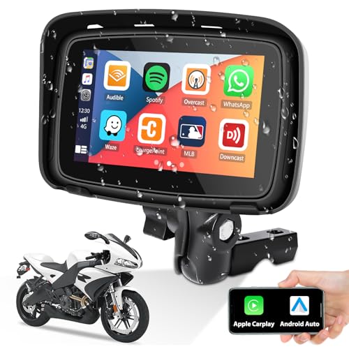 Tragbares Autoradio für Motorräder mit drahtlosem Carplay Android Auto, 5 Zoll wasserdichter Touchscreen für Motorräder mit Dash Cam GPS Navigation, Bluetooth, Sprachsteuerung+64GB TF-Karte von SIXTOP