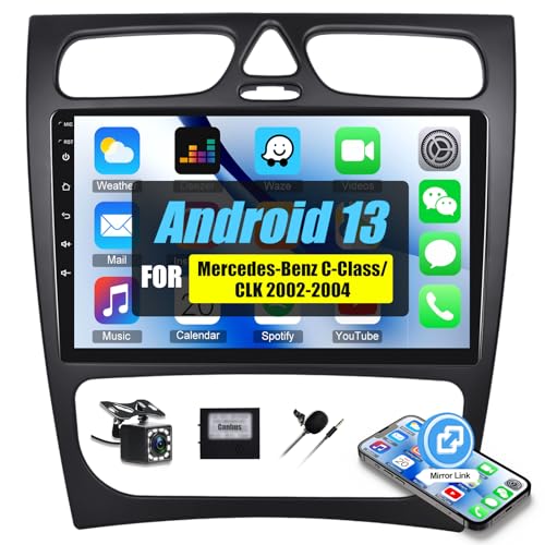 [1+32G] SIXWIN Android 13 Autoradio für Mercedes-Benz C-Klasse/CLK 2002-2004 mit Carplay/Android Auto/Mirrorlink, 9 Zoll Kapazitiver Touchscreen mit WiFi GPS Bluetooth FM/RDS USB+Canbus+Rückfahrkamera von SIXWIN