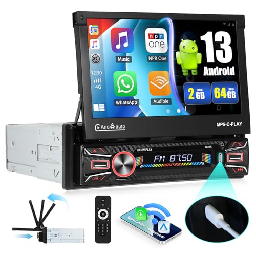 [2+64GB] SIXWIN 1 DIN Android 13 Autoradio mit Carplay Android Auto Mirrorlink, 7-Zoll Touchscreen, Auto Retract, Bluetooth Handsfree, WiFi, GPS, FM, EQ, USB, AUX-P2 von SIXWIN