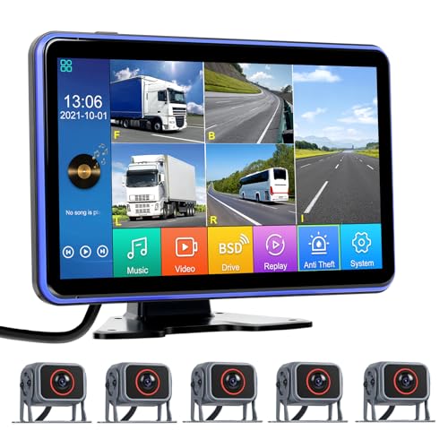 [5 Split Screen]Portable Rückfahrkamera 5 Kameras Kit,10.1 Zoll 5 Split Touchscreen Monitor,Unterstützung Videoaufzeichnung USB/DVR/SD/BSD+5*IP68 wasserdicht 18IR Nachtsicht Kameras für Wohnwagen LKW von SIXWIN