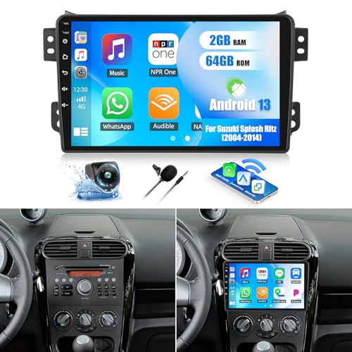 SIXWIN 2+64G Android 13 Autoradio für Suzuki Splash Ritz 2004-2014 mit Carplay/Android Auto/Mirrorlink,9 Zoll Kapazitive Touchscreen Unterstützt WiFi/GPS/FM/Bluetooth/SWC+ AHD Rückfahrkamera+MIC-P2 von SIXWIN