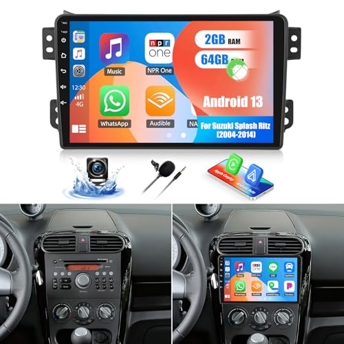 SIXWIN 2+64G Android 13 Autoradio für Suzuki Splash Ritz 2004-2014 mit Carplay/Android Auto/Mirrorlink,9 Zoll Kapazitive Touchscreen Unterstützt WiFi/GPS/FM/Bluetooth/SWC+ AHD Rückfahrkamera+MIC-P1 von SIXWIN