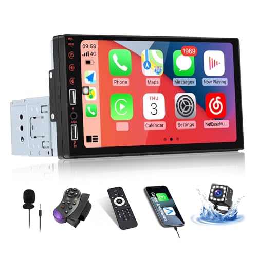 SIXWIN 1 Din CarPlay&Android Auto Autoradio, Touchscreen 7 Zoll, mit Bluetooth5.1/FM Radio/EQ/USB/AUX/Mirror Link(Android/IOS)+Externes Mikrofon+Rückfahrkamera von SIXWIN