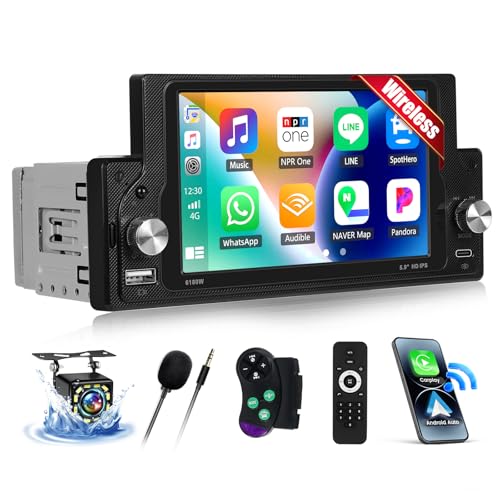 [Upgrade Wireless] SIXWIN Autoradio 1 Din mit Wireless Carplay Android Auto,5.9 Zoll Touchscreen Unterstützt Bluetooth 5.0/USB/AUX/FM/AM/Mirrorlink/Lenkradsteuerung+Rückfahrkamera von SIXWIN