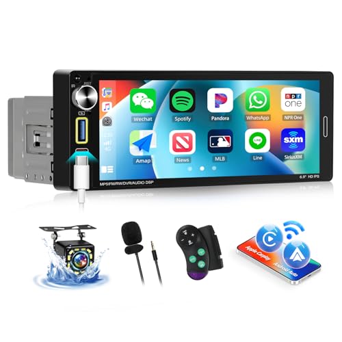 [Upgrade Wireless] SIXWIN Autoradio 1 Din mit Wireless Carplay Android Auto,6.9 Zoll Touchscreen Unterstützung Bluetooth 5.0/AUX/USB/FM/AM/Mirrorlink/Lenkradsteuerung+Rückfahrkamera von SIXWIN